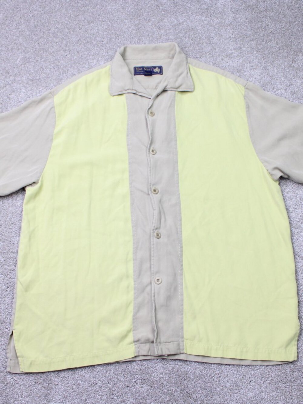 Nat Nast Shirt Mens Large Yellow/Beige 100% Silk Short Sleeve Colorblock‎ Button